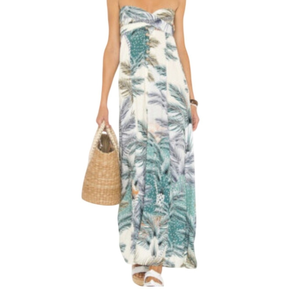 Agua Bendita Beck Arabella Tropical‎ Palm Print Strapless Maxi Dress Small Teal